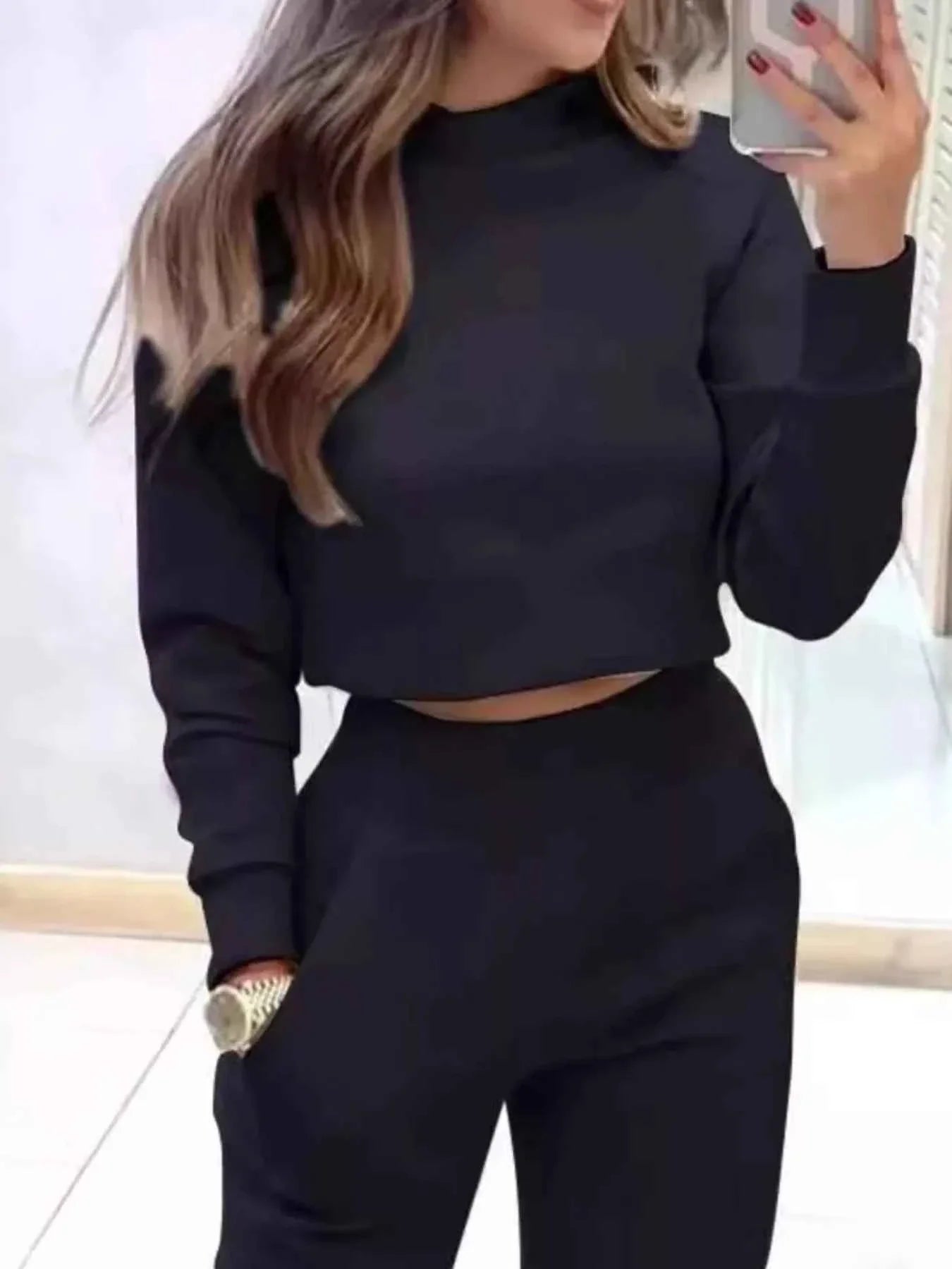 Casual Chic Cropped Sweatshirt and Jogger Set