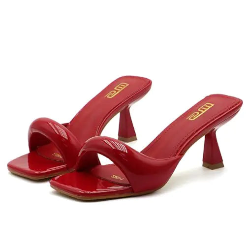 RYNKOMA Womens Leather One Band Square Open Toe Stiletto Slide Sandals Fashion Slip-On Sexy Kitten Heel Mule Sandals Wedding Party Evening Prom Dance Backless Dress Slipper Pump Shoes (Red8.5)
