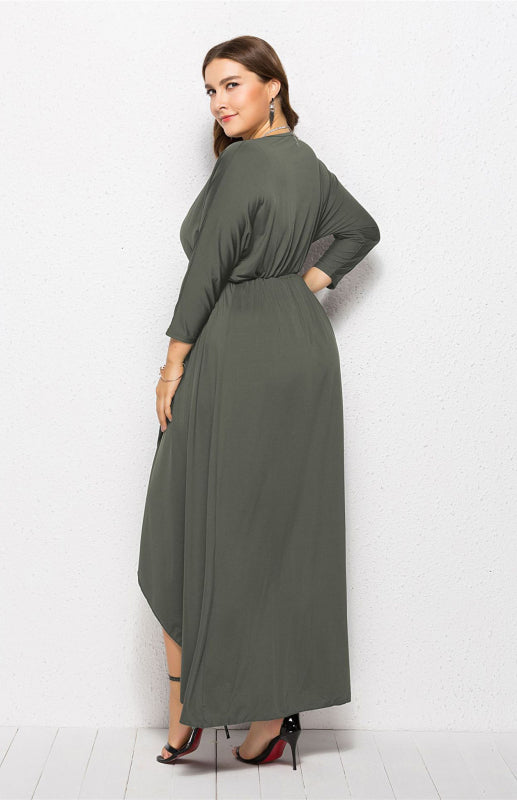 Plus Size Deep V Dress - Three Quarter Sleeve Knit Dress