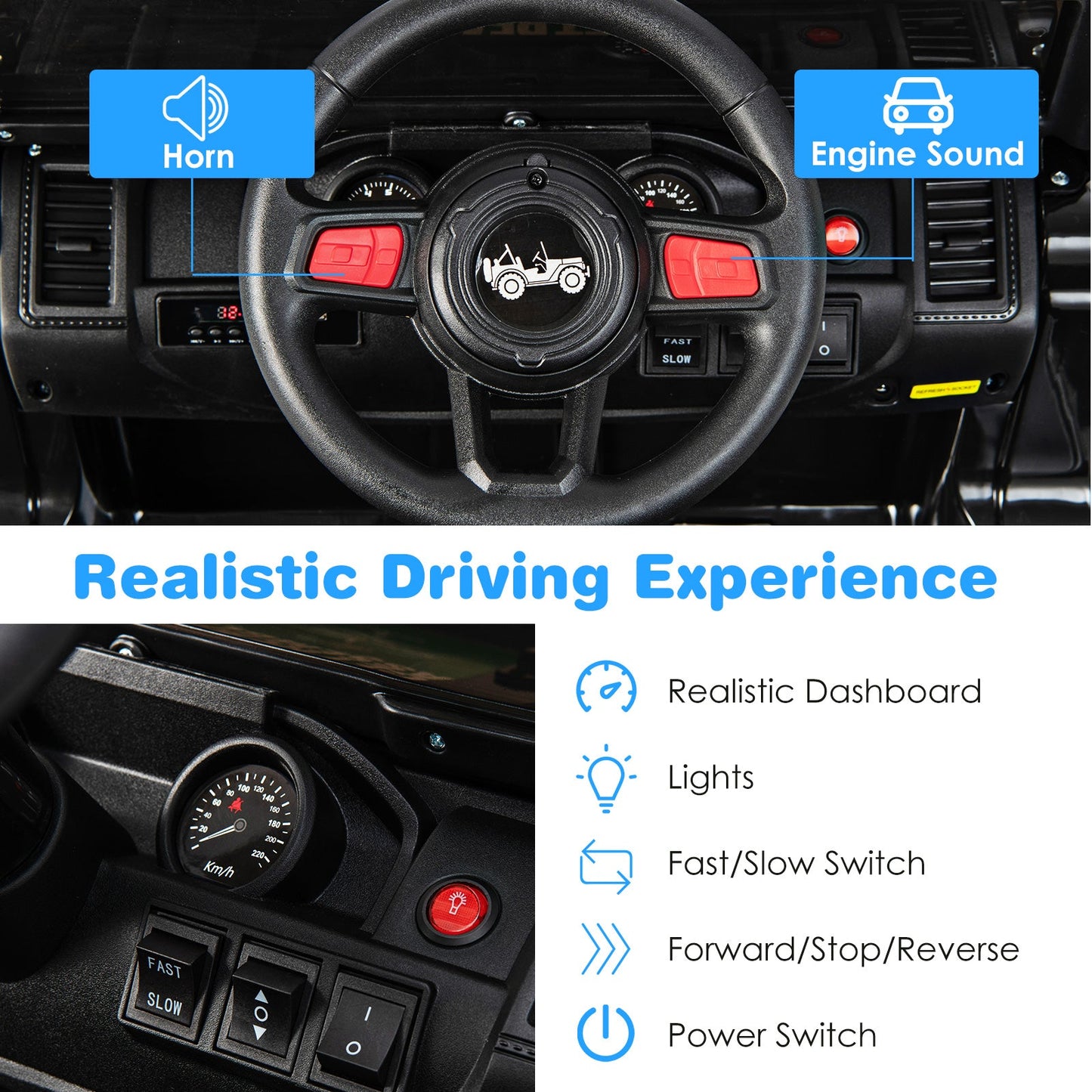 12V Kids Ride-on Jeep Car with 2.4 G Remote Control-Solid Black