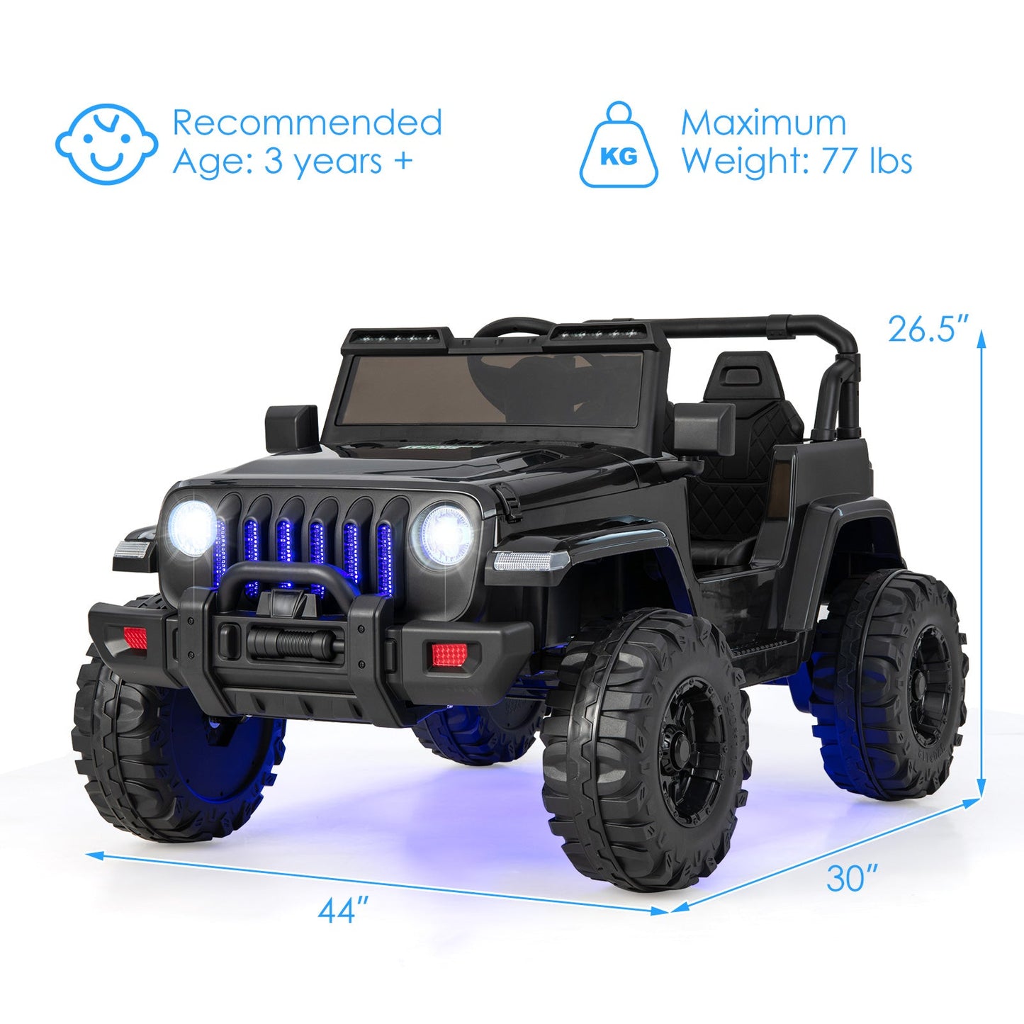 12V Kids Ride-on Jeep Car with 2.4 G Remote Control-Solid Black