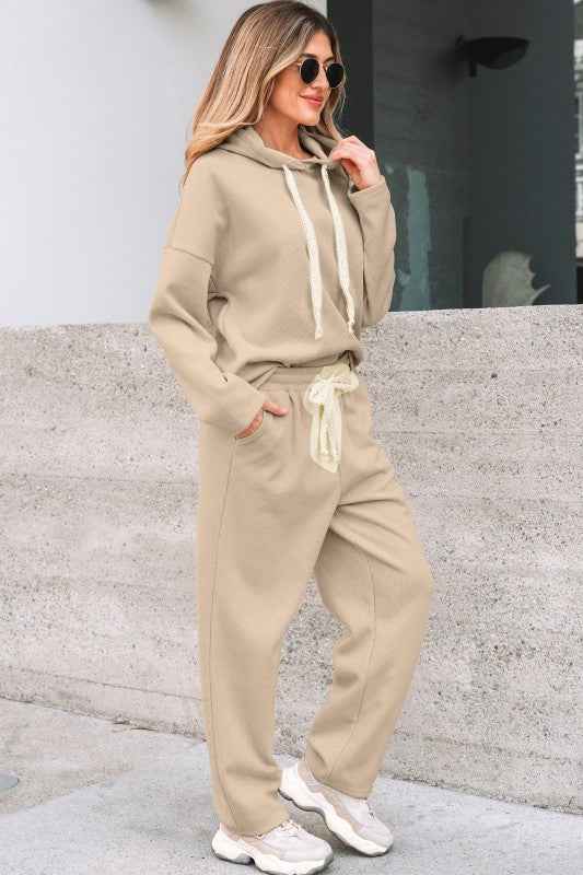 Solid Corduroy Lace Hoodie and Pants Set