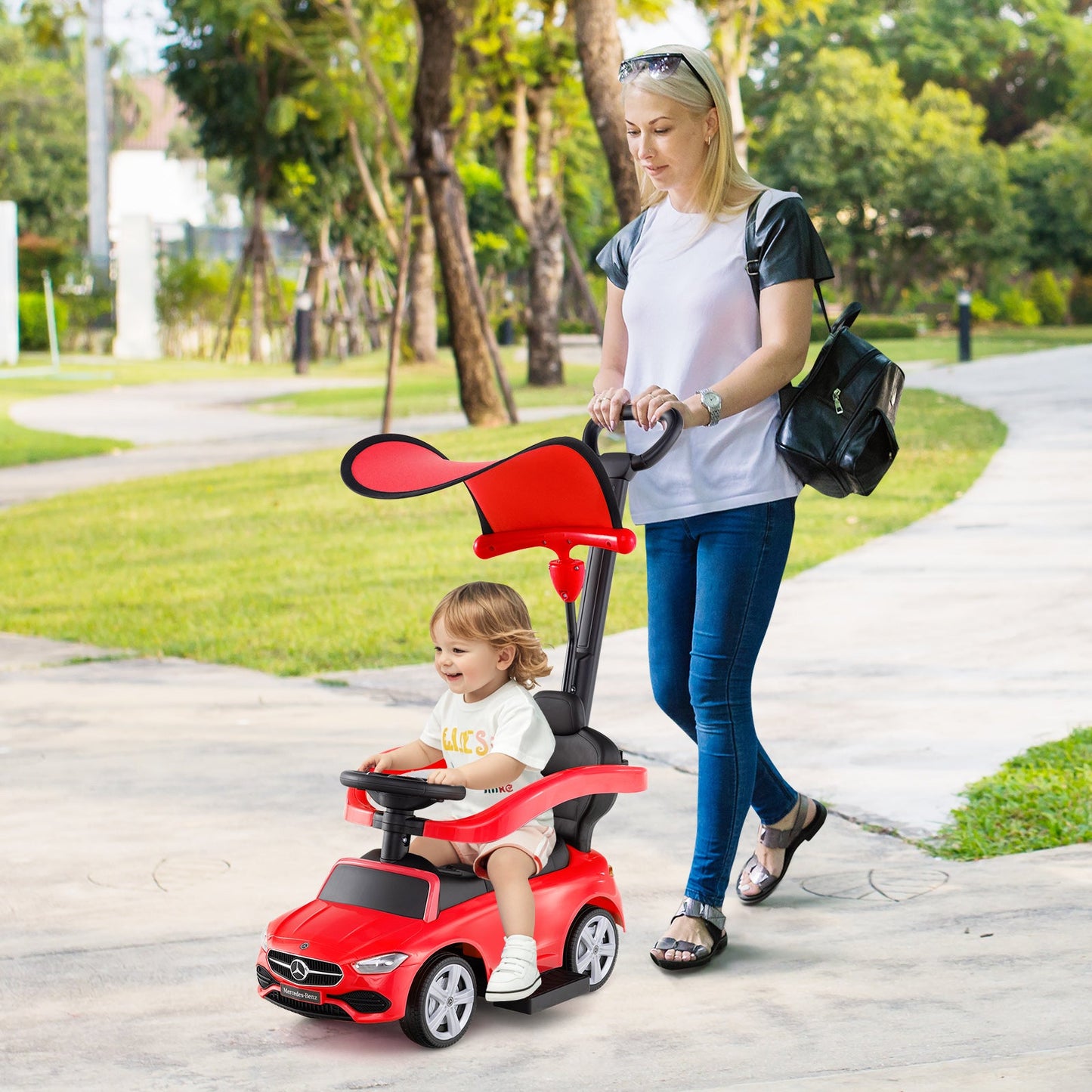 3-in-1 Ride on Push Car Mercedes-Benz Licensed Sliding Car with Canopy-Red