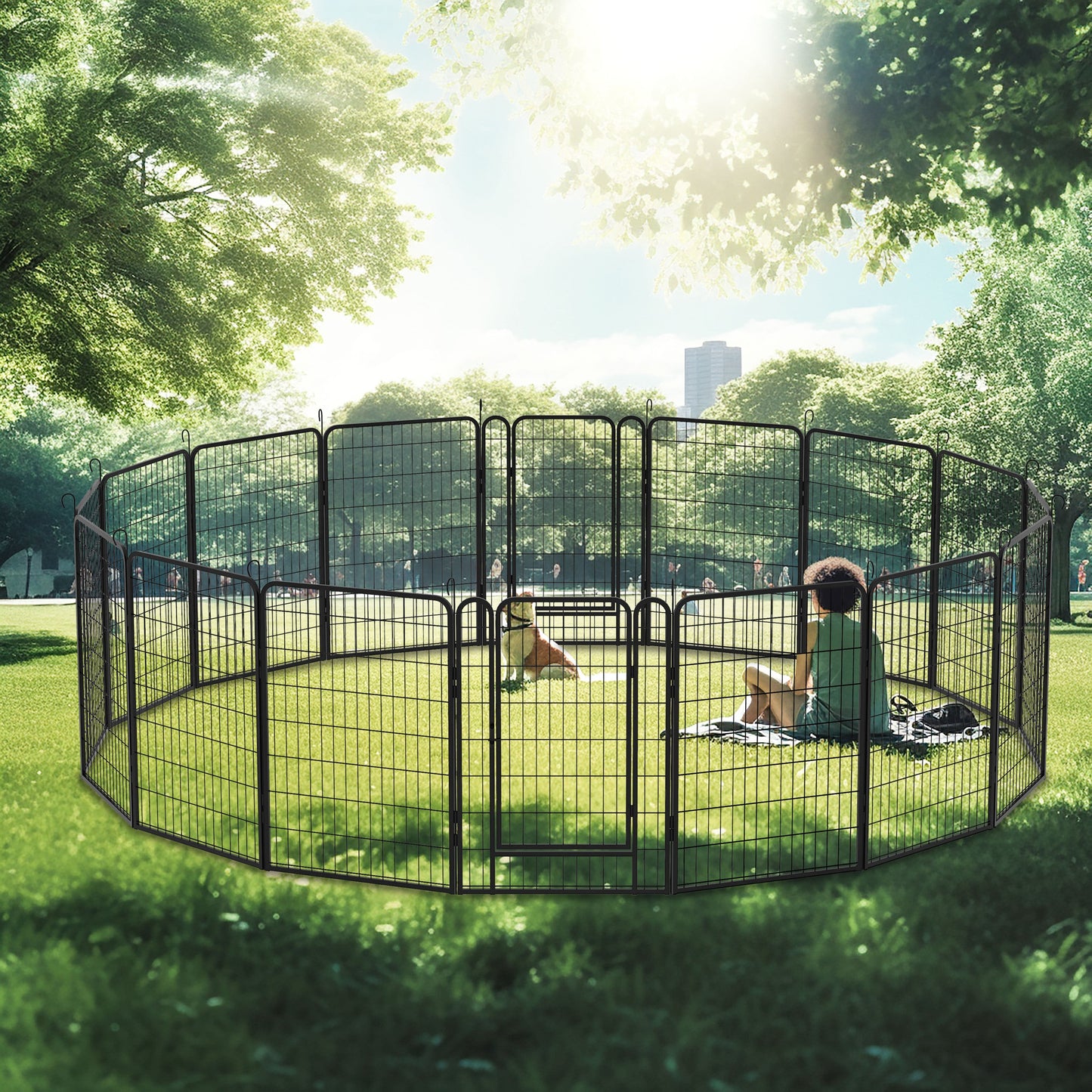 16 Panels Heavy-Duty Metal Playpen with Door, 39.37' H Dog Fence Pet Exercise Pen for Outdoor, Indoor