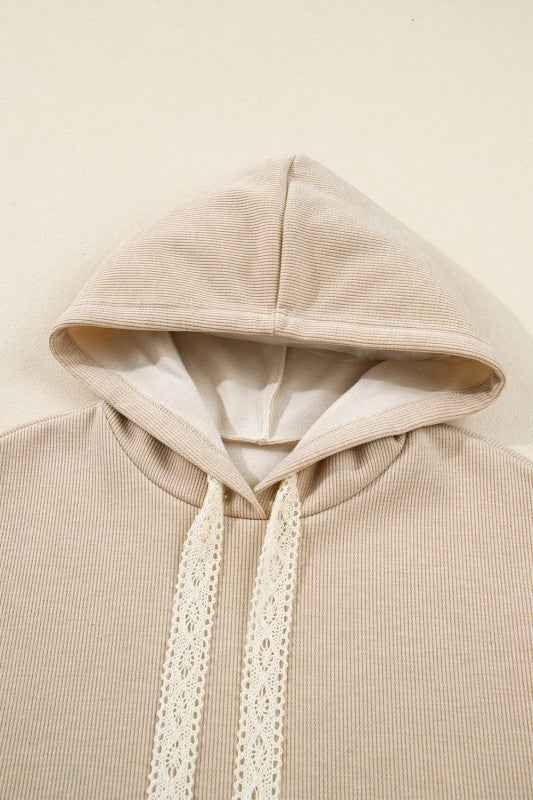 Solid Corduroy Lace Hoodie and Pants Set