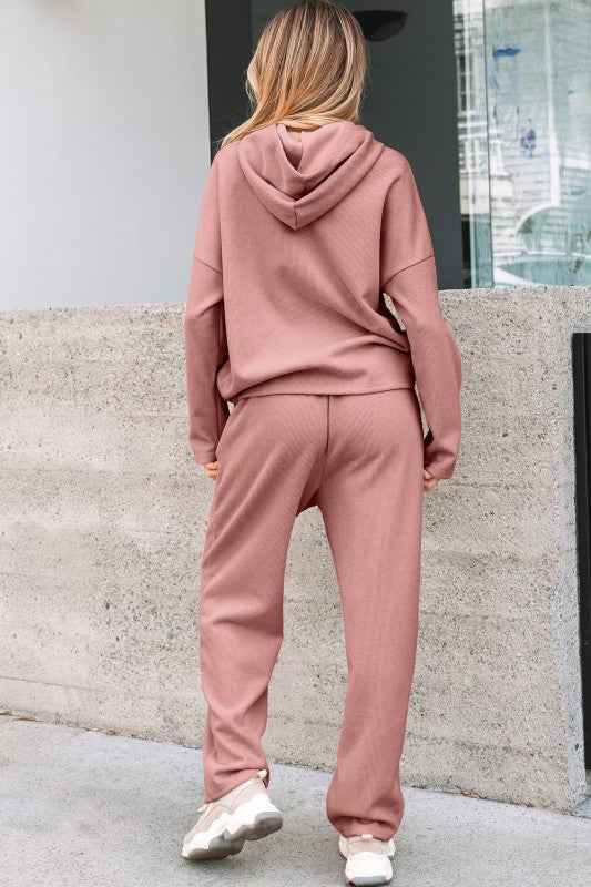 Solid Corduroy Lace Hoodie and Pants Set