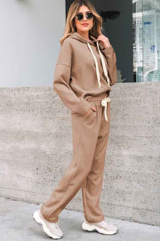 Solid Corduroy Lace Hoodie and Pants Set