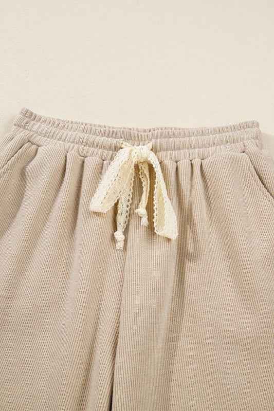 Solid Corduroy Lace Hoodie and Pants Set