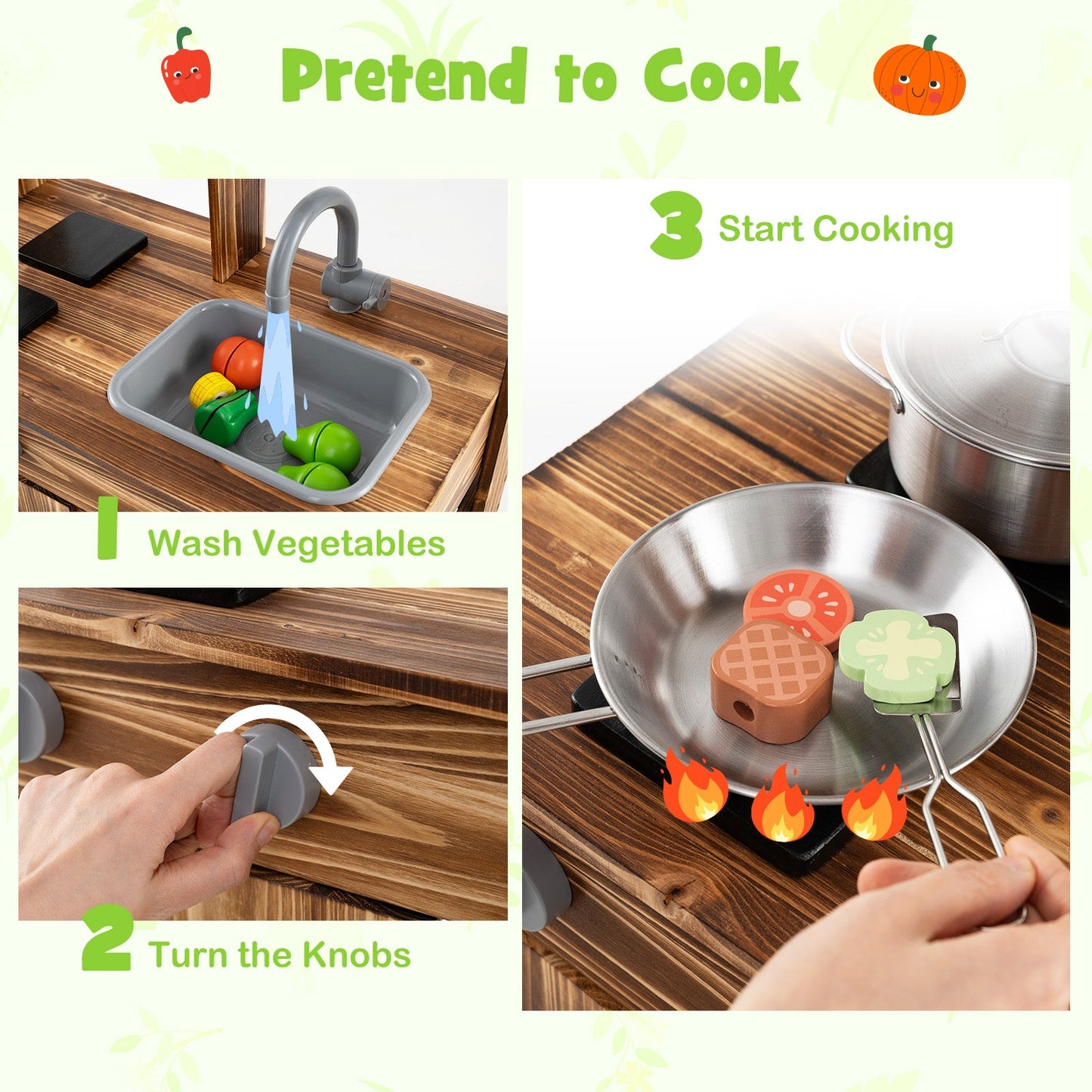 Mud Kitchen Fir Wood Play Kitchen with 4 Panting Pots Faucet Removable Sink-Natural
