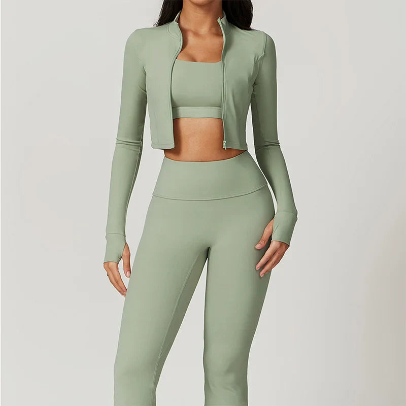 Workout Outfit ActiveWear 3 Pieces Workout Clothes Sports Bra High Waist Gym Leggings Long-Sleeved