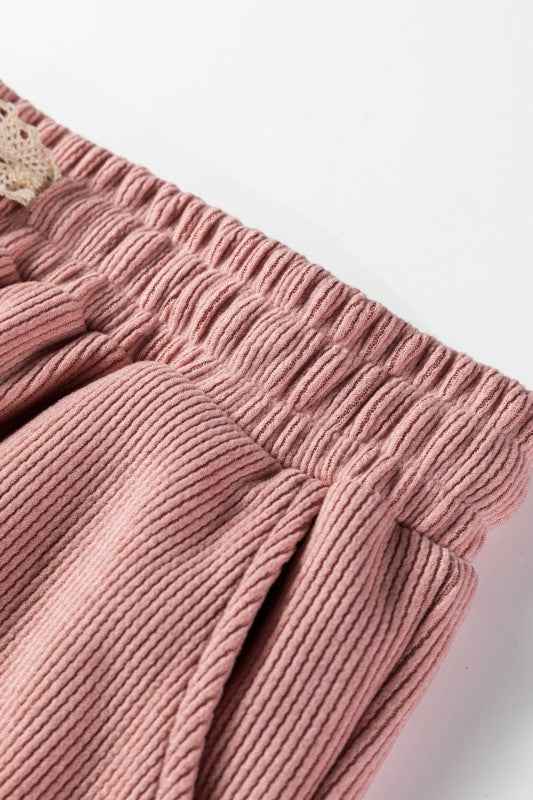 Solid Corduroy Lace Hoodie and Pants Set