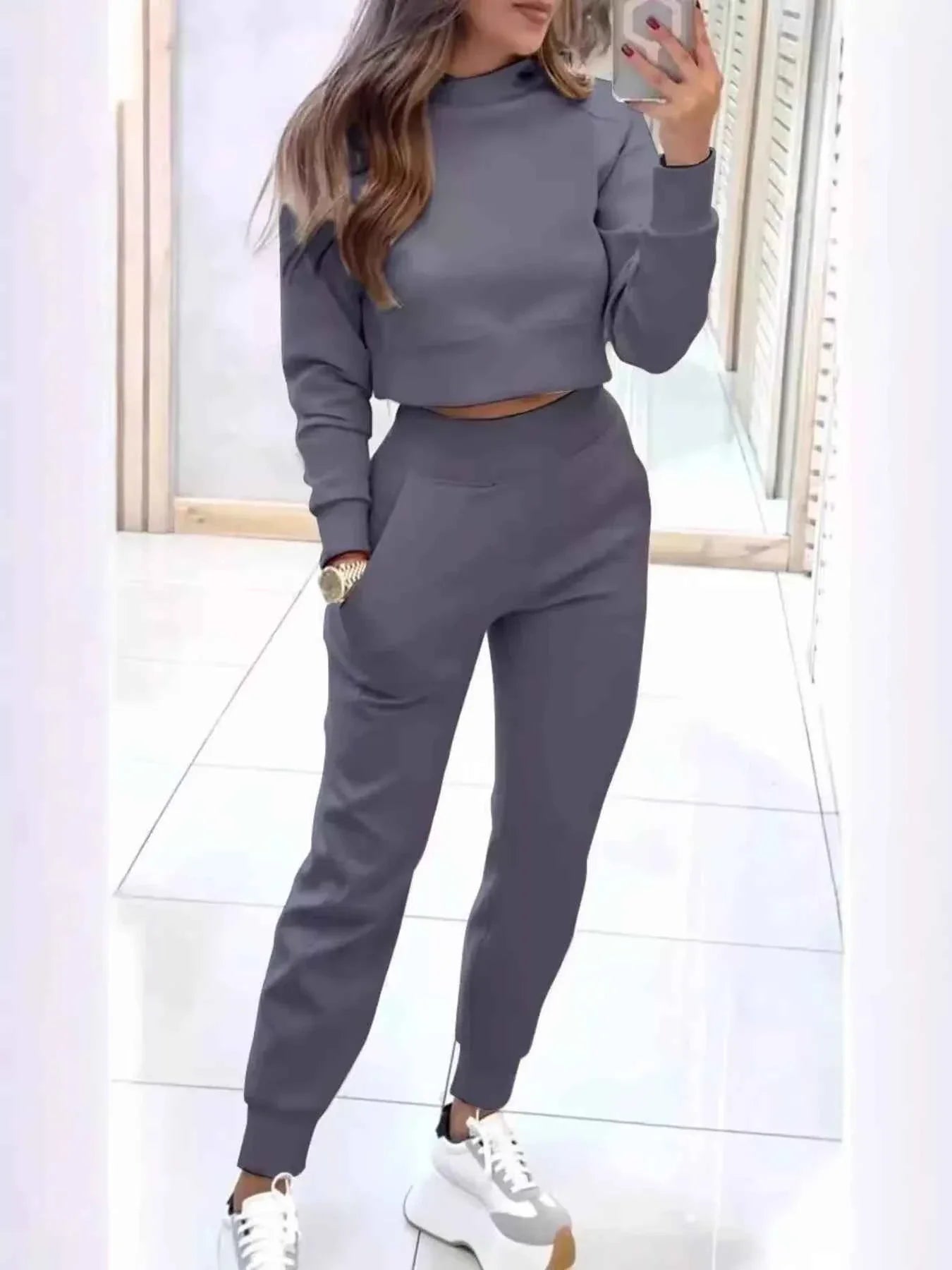 Casual Chic Cropped Sweatshirt and Jogger Set