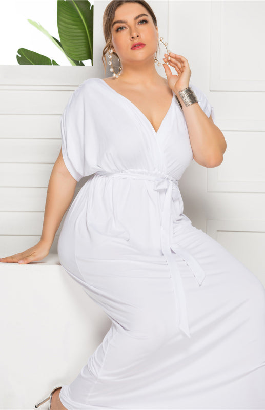 Maternity Knit Dress - Short Sleeve V-Neck Solid Color Dress