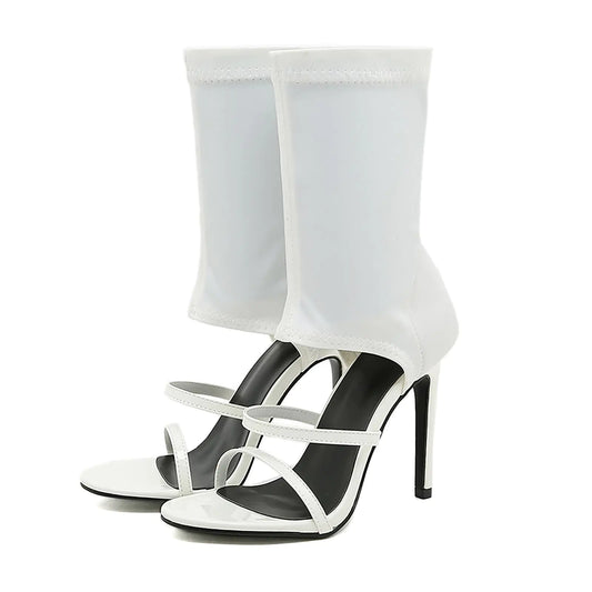 LVOMU Womens Stretchy Cloth High Top Two Strapy Stiletto Gladiator Sandals Sexy Open Toe High Heel Summer Elastic Ankle Boot Sandals for Summer Dress Wedding Party Daily Wear Shoes (White9)